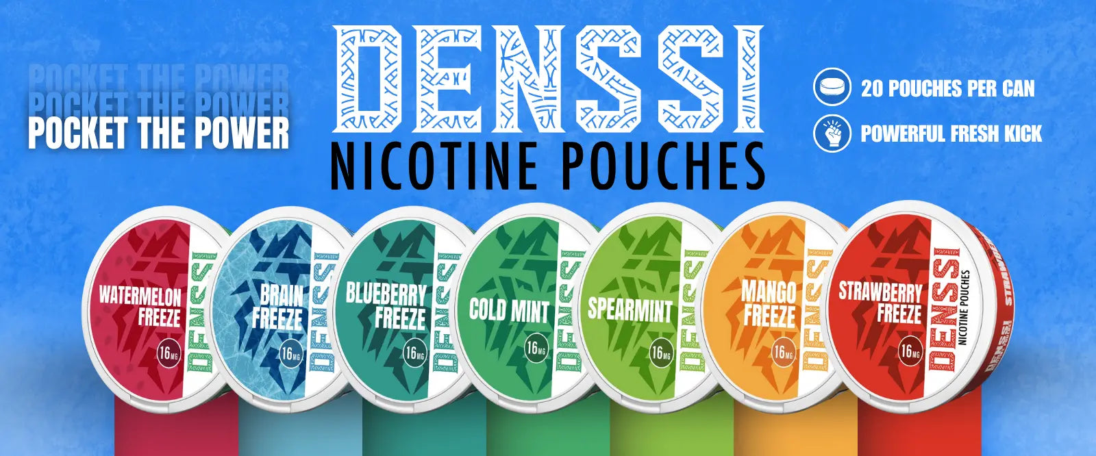 Dennis nicotine pouches with colorful packaging on a blue background