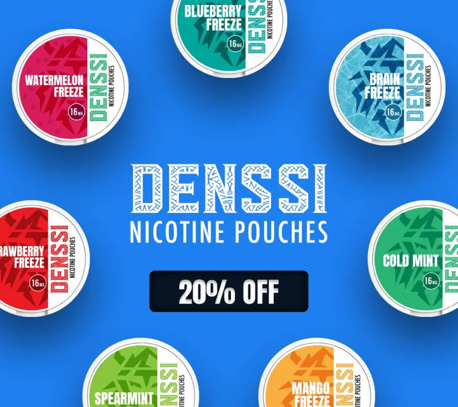 DENSSI nicotine pouches with various flavors on a blue background