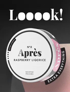Nicotine pouch container with 'Après' branding on a dark background