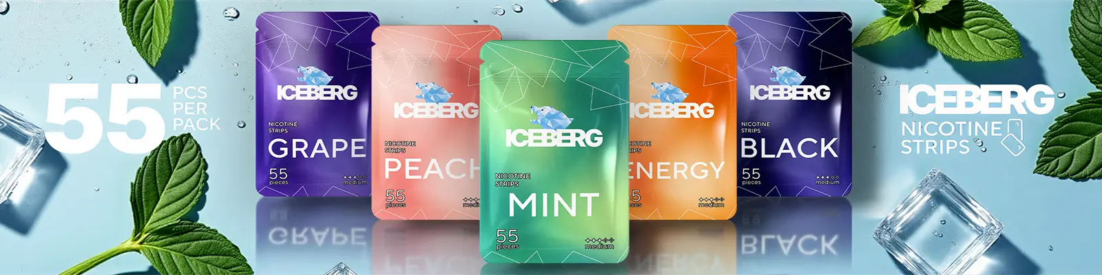 Iceberg nicotine strips packaging with various flavors on a blue background
