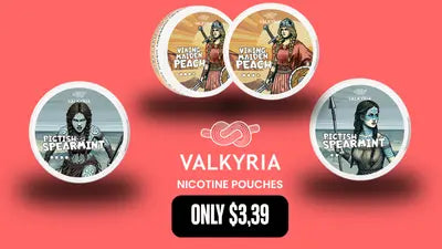 Valkyria nicotine pouches with branding and pricing on a red background